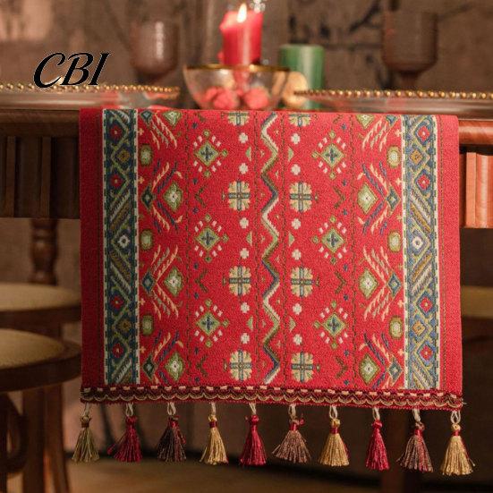 Tassel Edge Table Runner Jacquard Runner, Vintage Floral Elegant Home Decor Accessory with Tassels for Dining Party Scratch Protection