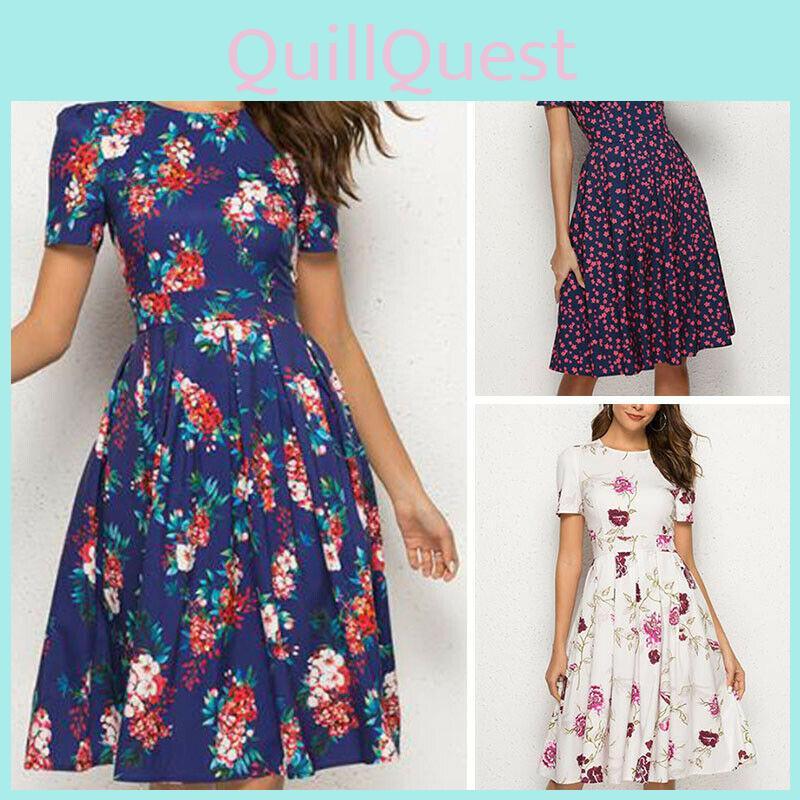 Summer Women Vintage A-line Dress Tunic With Long And Short Sleeve Floral Print