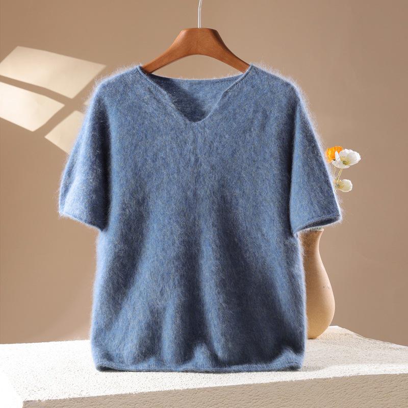 2026 A/W Women's V-Neck Cashmere Wool Knit Short Sleeve Sweater