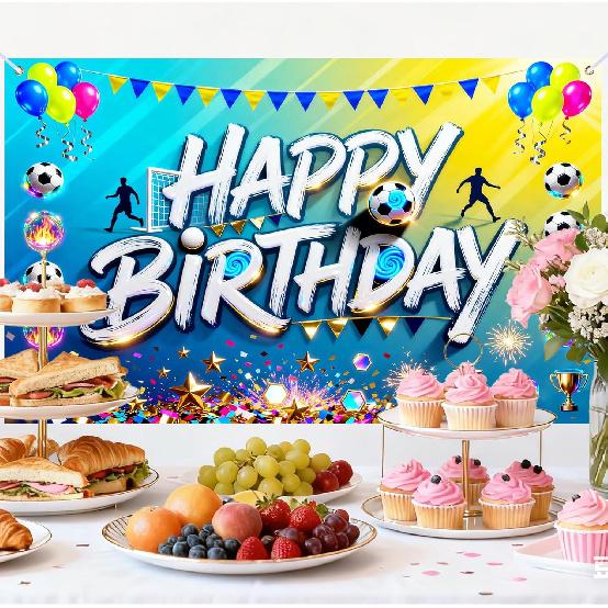 Glowing Soccer Happy Birthday Banner, Large Sports Backdrop for Outdoor Indoor Party Photo Booth