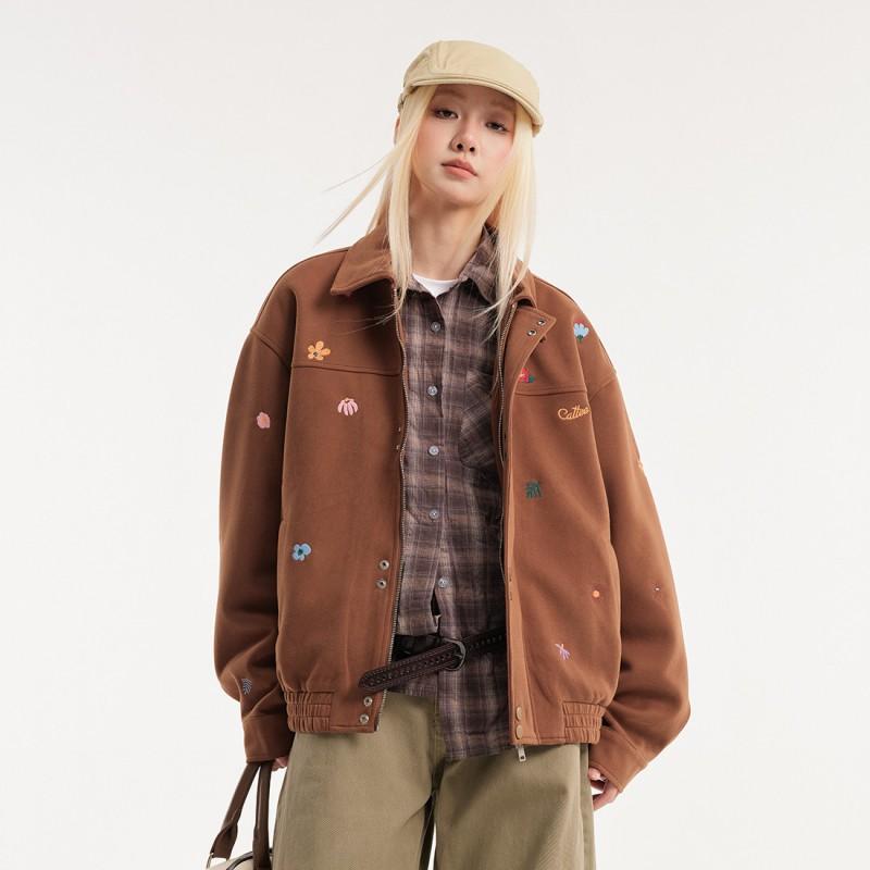 Unisex Vintage Short Cropped Jacket With Embroidered Floral Detail Cotton Zip-Up Hooded Outerwear Casual Wear
