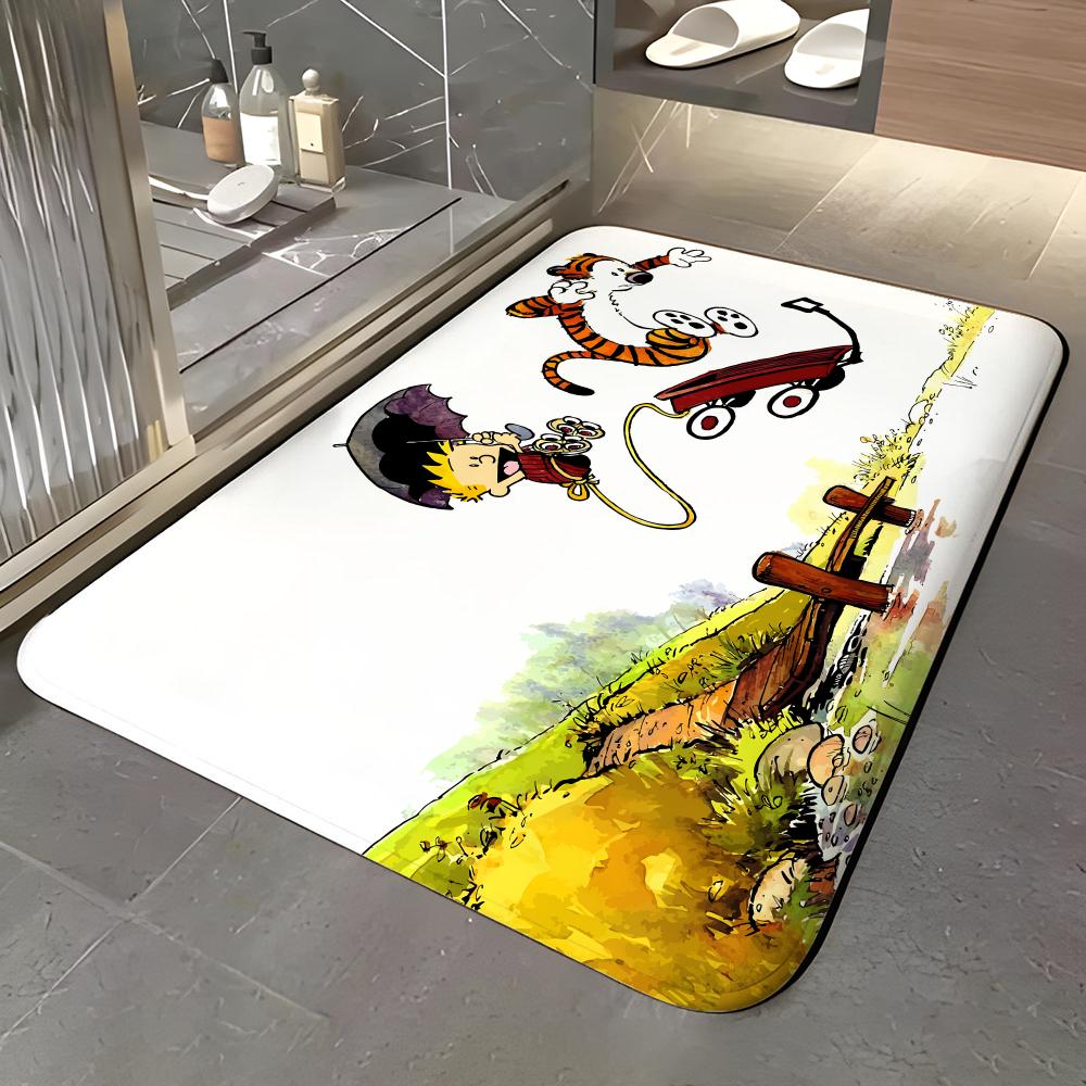 C-Calvin Und Hobbes Selbstklebende Kunst Bodenmatte Weiche Flanell Eingangstür Matte Rutschfest Saugfähig Badezimmer Schlafzimmer Bodenteppich