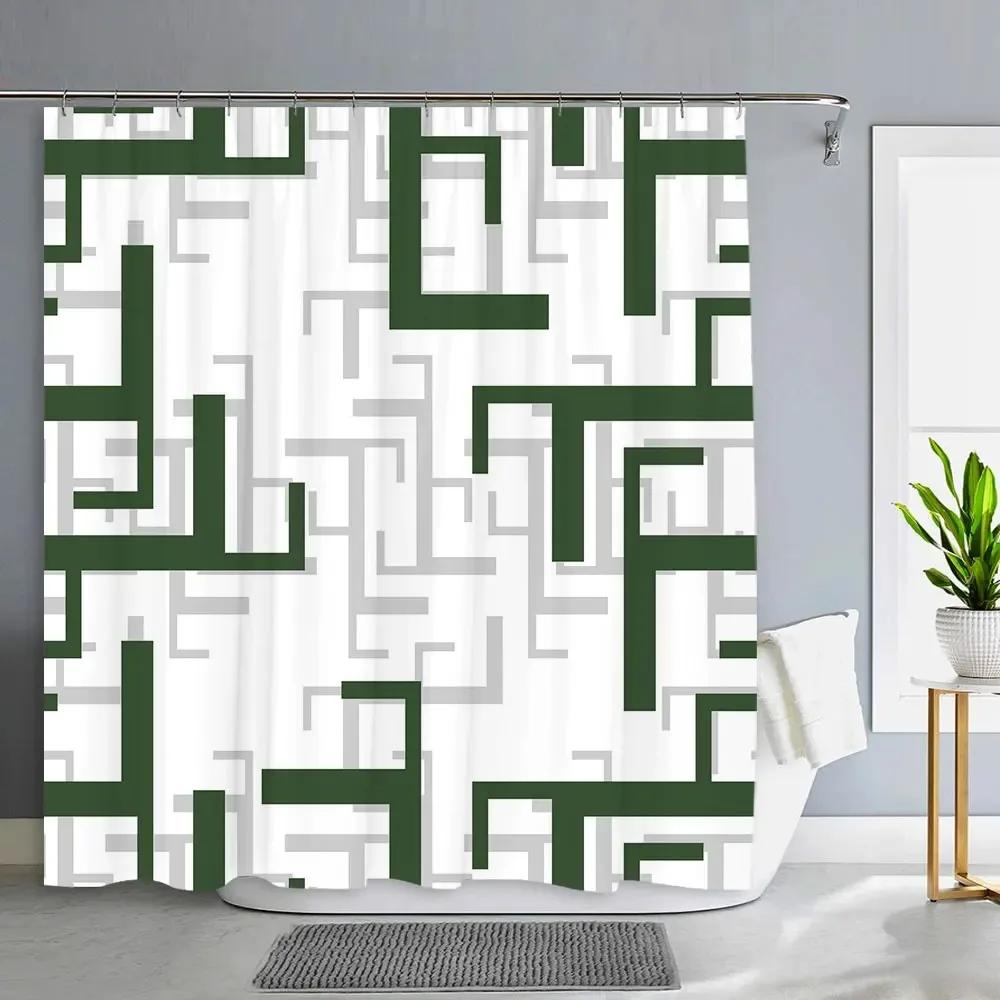 Tenda da doccia geometrica semplice e moderna in tessuto di poliestere decorativo lavabile in lavatrice, tenda da appendere, decorazione per il bagno
