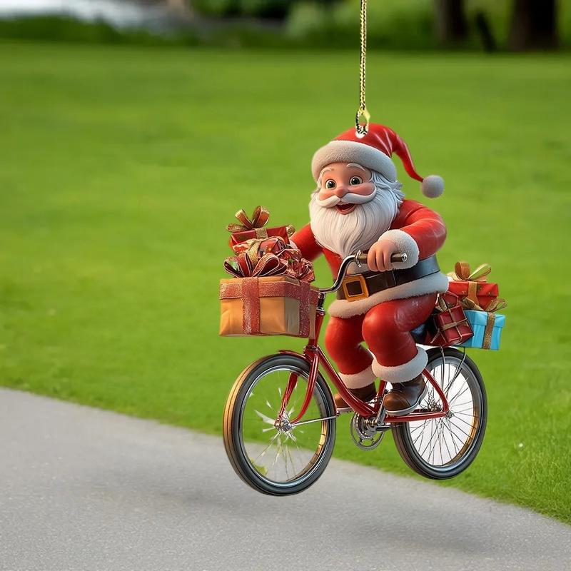 2D Acrylic Santa on Bike Christmas Tree Ornaments, Winter Décor Pendants