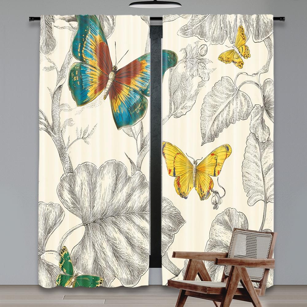 Set Of 2 Flat Printing Window Curtains Butterflies Tropical Foliage Digital Printed Polyester Drapes Seasonal Party Holiday Made