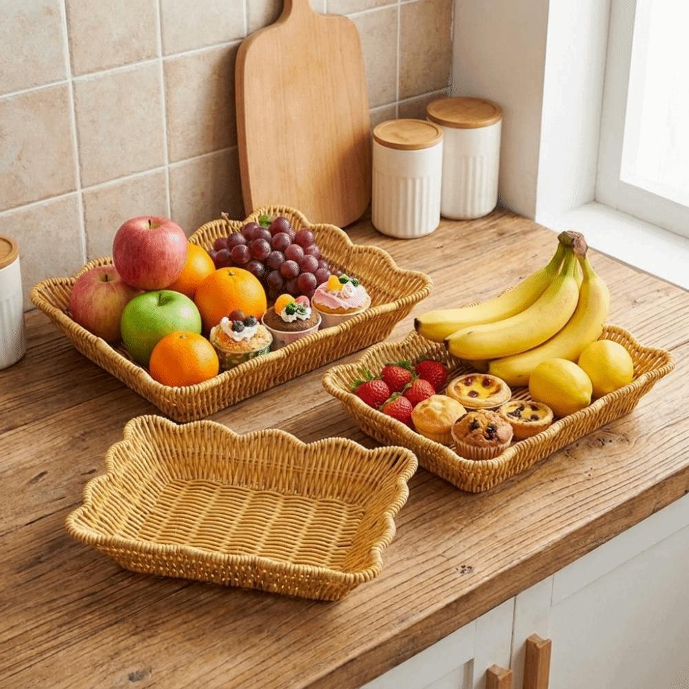 Plastic Hand Woven Storage Basket Rectangular Bread Storage Tray Durable Fruit Plate Picnic