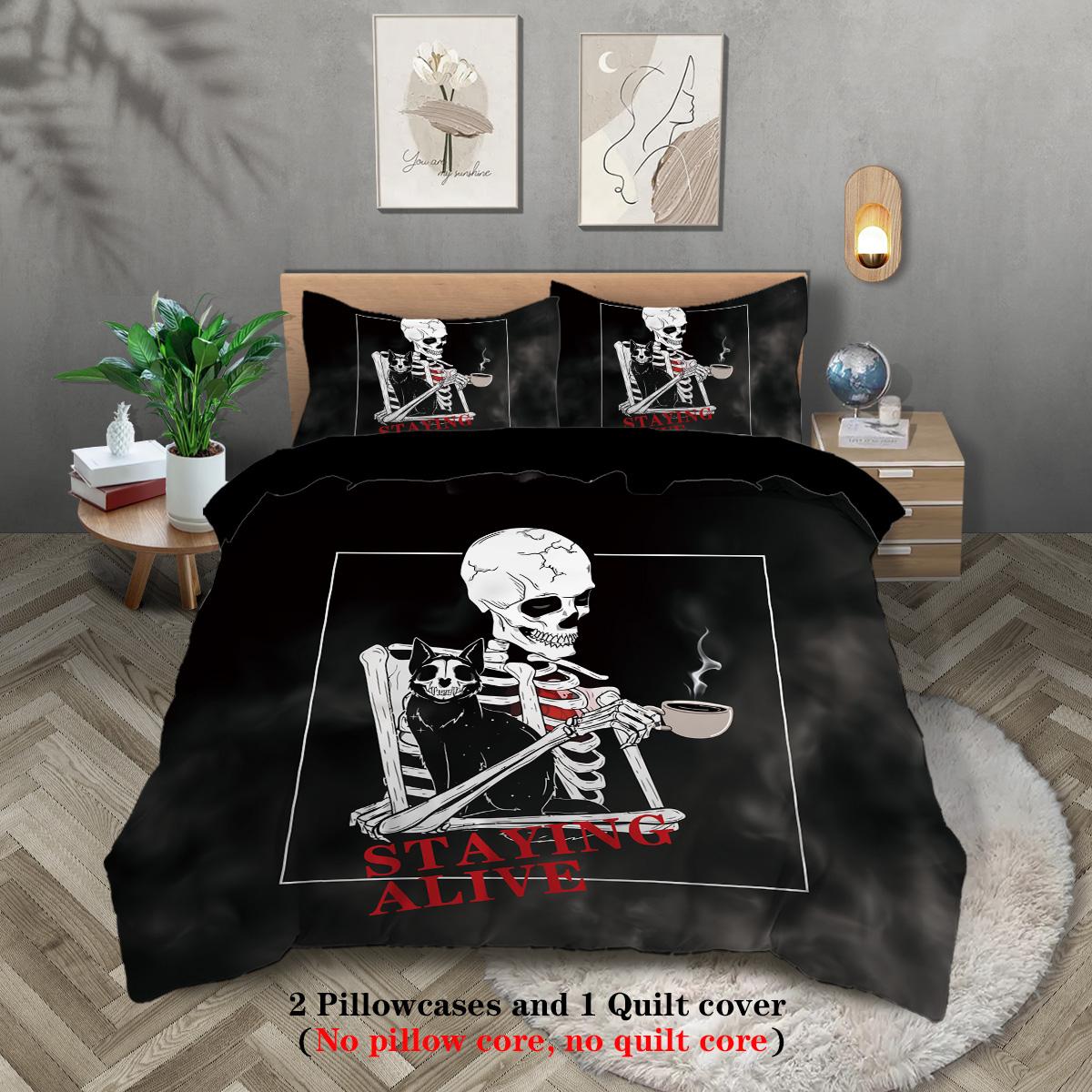 

Набор из 3 предметов, пододеяльник с принтом «череп, оставайся в живых», размер queen, king, двуспальный, постельное белье для вечеринки, забавный и креативный комплект 135x200cm-EU-Single
