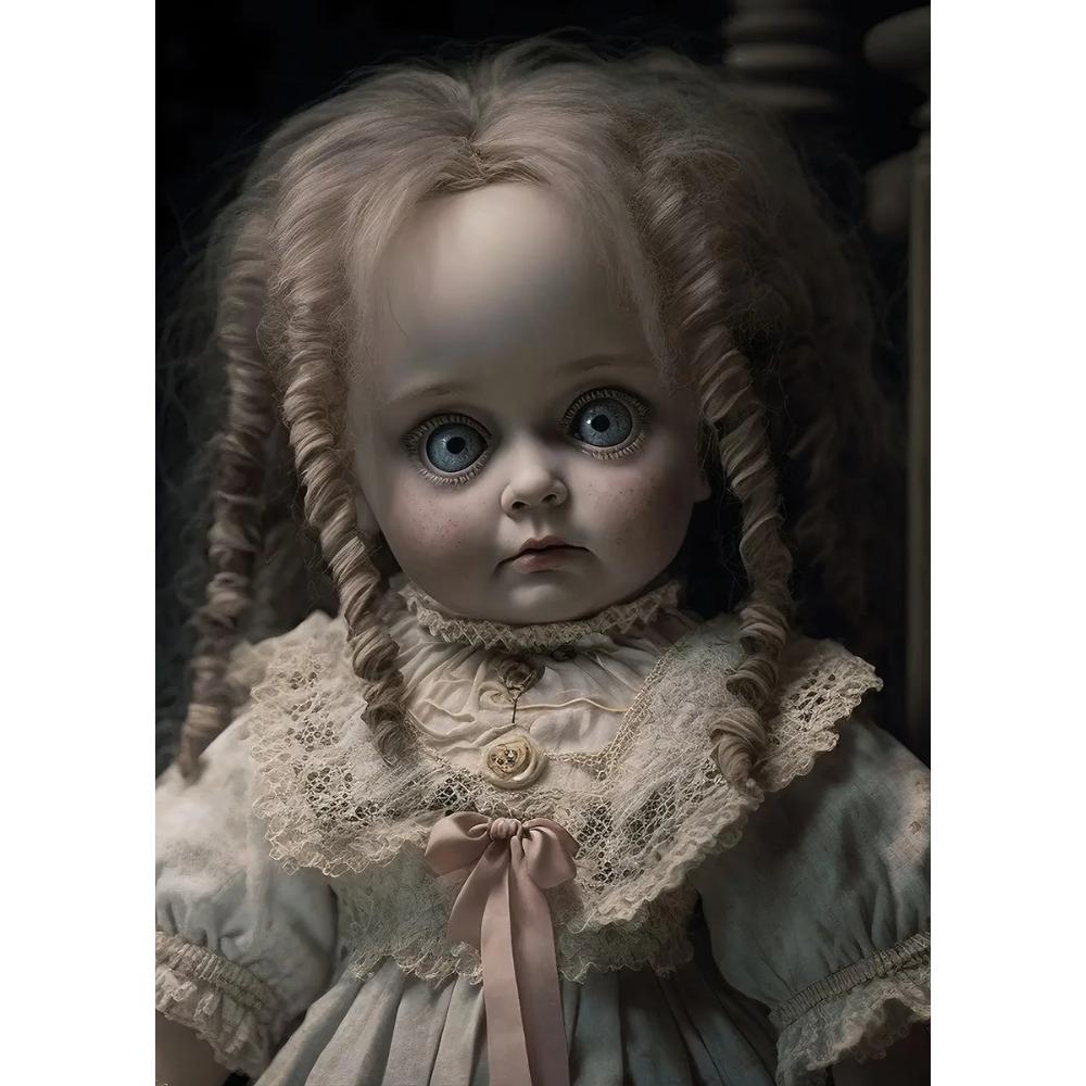 Vintage Gruselige Puppe Poster Blondes Haar Rissiges Gesicht Gotische Verfluchte Puppe Drucke Leinwandbild Wandbild Heim Wohnzimmer Dekor