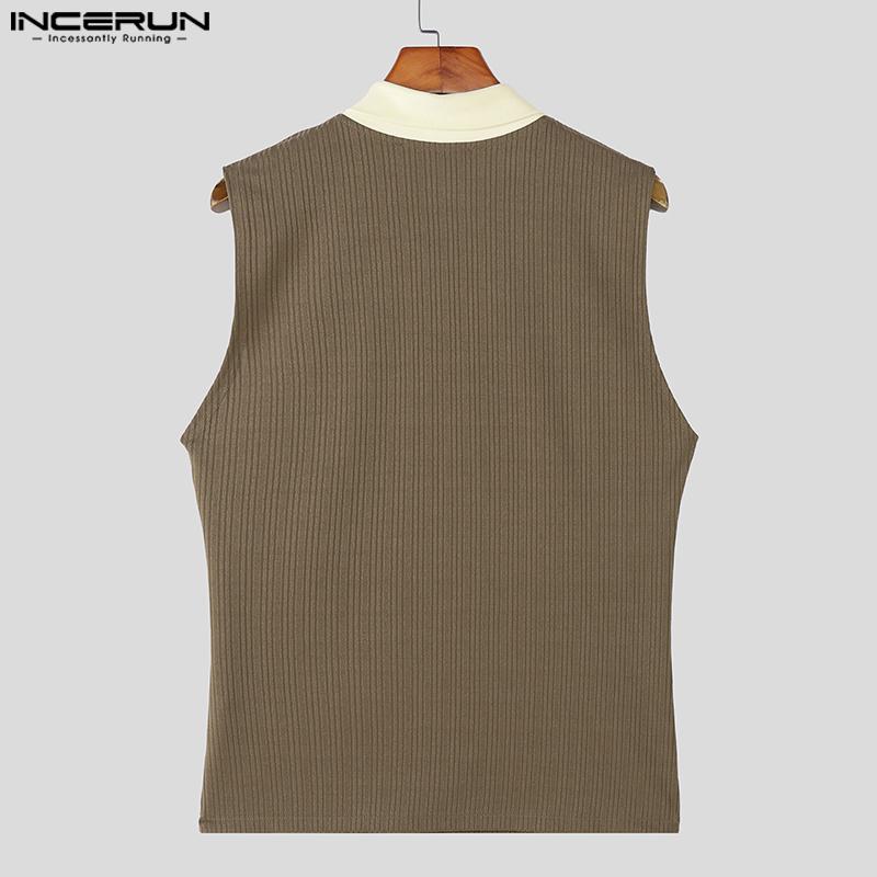 INCERUN Men Patchwork Lapel Sleeveless Casual Ribbed Tank Tops