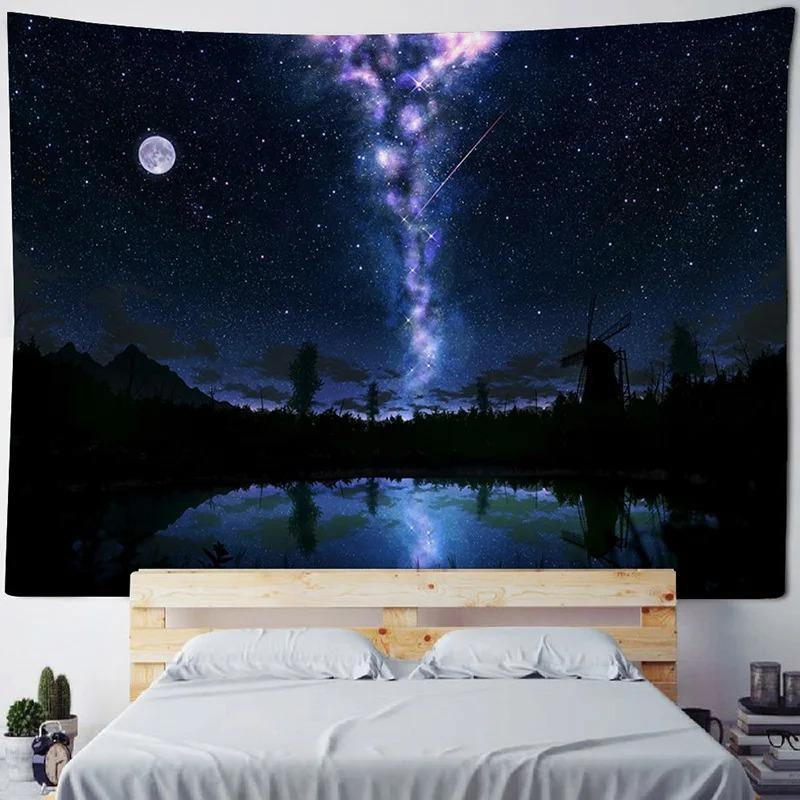Home Room Art Background Decoration Starry Forest Tapestry Moonlight Night Psychedelic Bohemian Decorative Wall Hanging