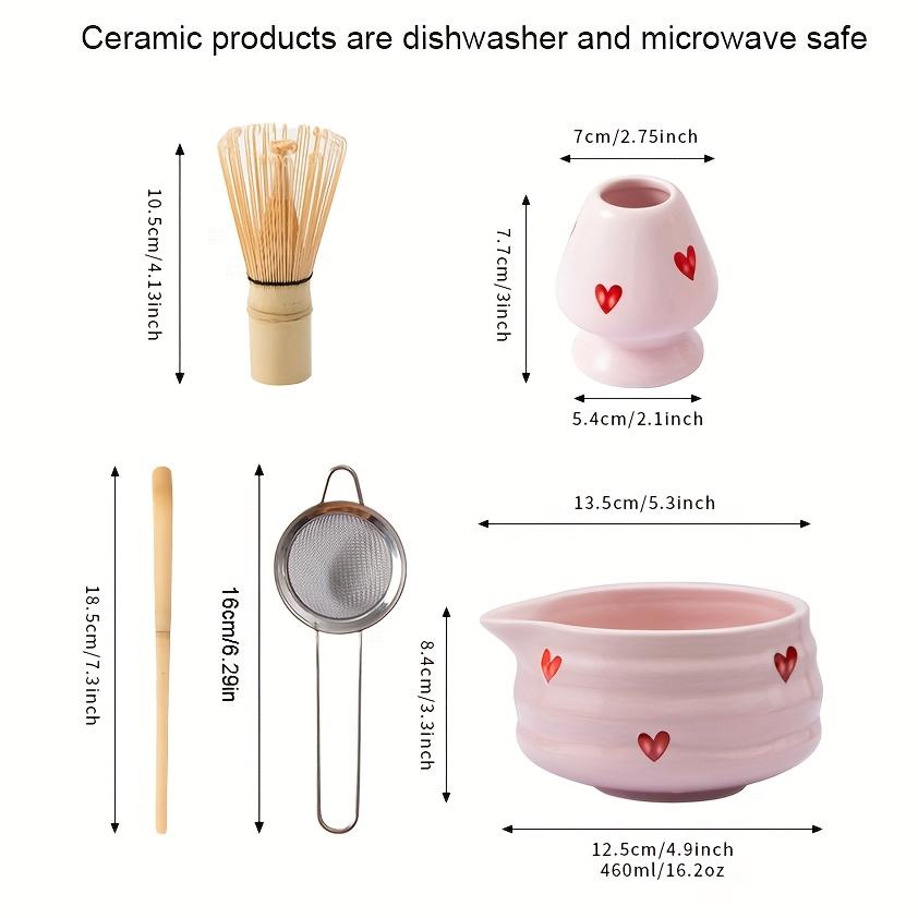 5Pcs Pink Heart Ceramic Matcha Whisk Set with Spouted Bowl Bamboo Whisk Holder Scoop Sifter - Tea Lovers Gift Kit