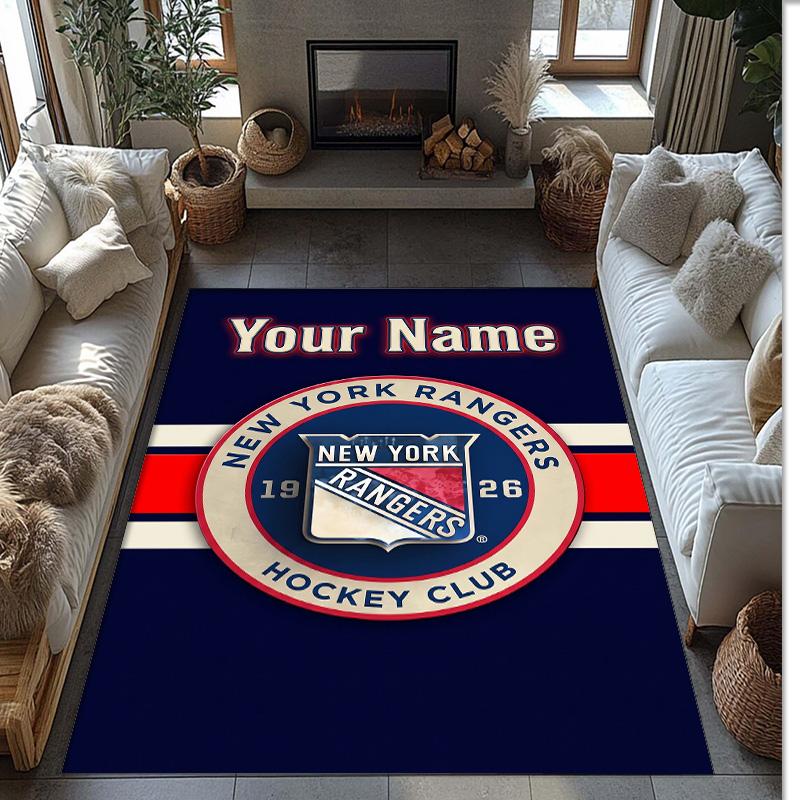 New York Rangers Crystal Velvet Rug, Custom Name Text Personalized Non‑Slip Floor Mat for Home Decor Gift