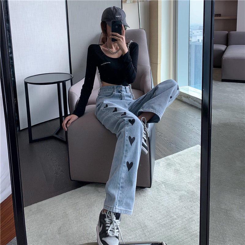 Hong Kong Style Women's Love Heart High Waist Straight Leg Jeans - Chic Loose, Wide-Leg, Drapey, Floor-Length, Slimming.