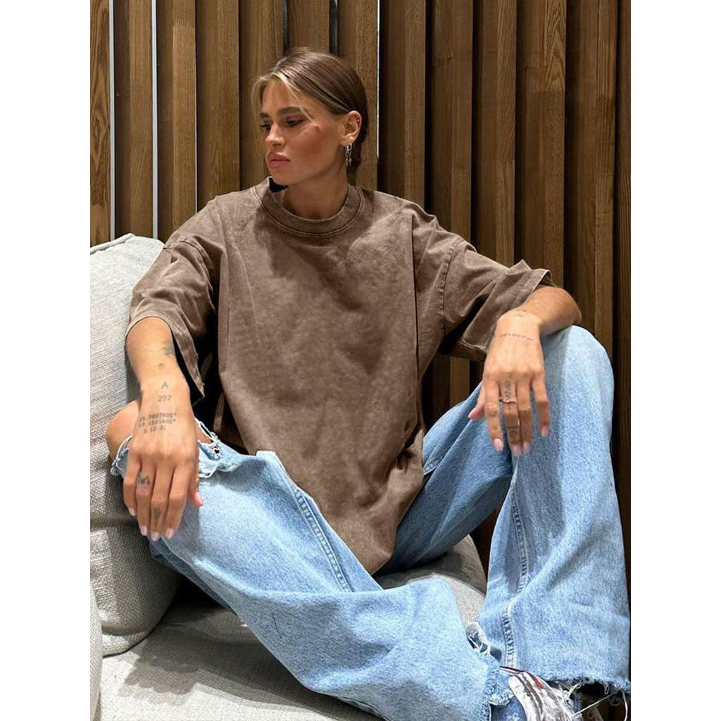 Cotton Retro T-shirt Men Women Vintage Short-sleeve Wax Printing T Shirts Solid Color Hip Hop Loose Tees Plus Size