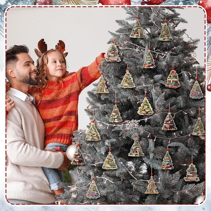 12PCS Book Pendant Colorful Multi-element Christmas Tree Decoration Suspension Rope Exquisite Wooden Gift Holiday