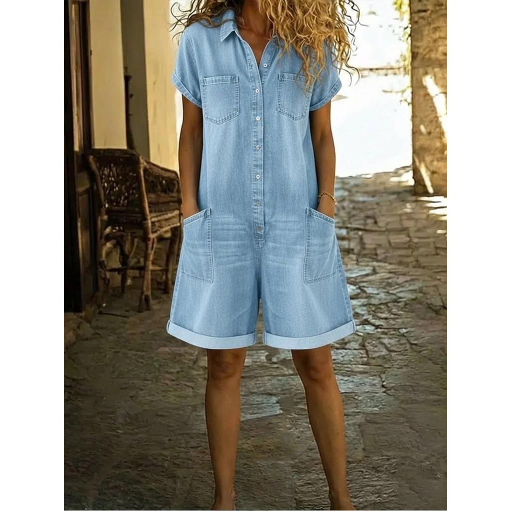 Women's Lapel Short Sleeve Button Down Multi Pocket Cuffed Hem Denim Romper Jumpsuit