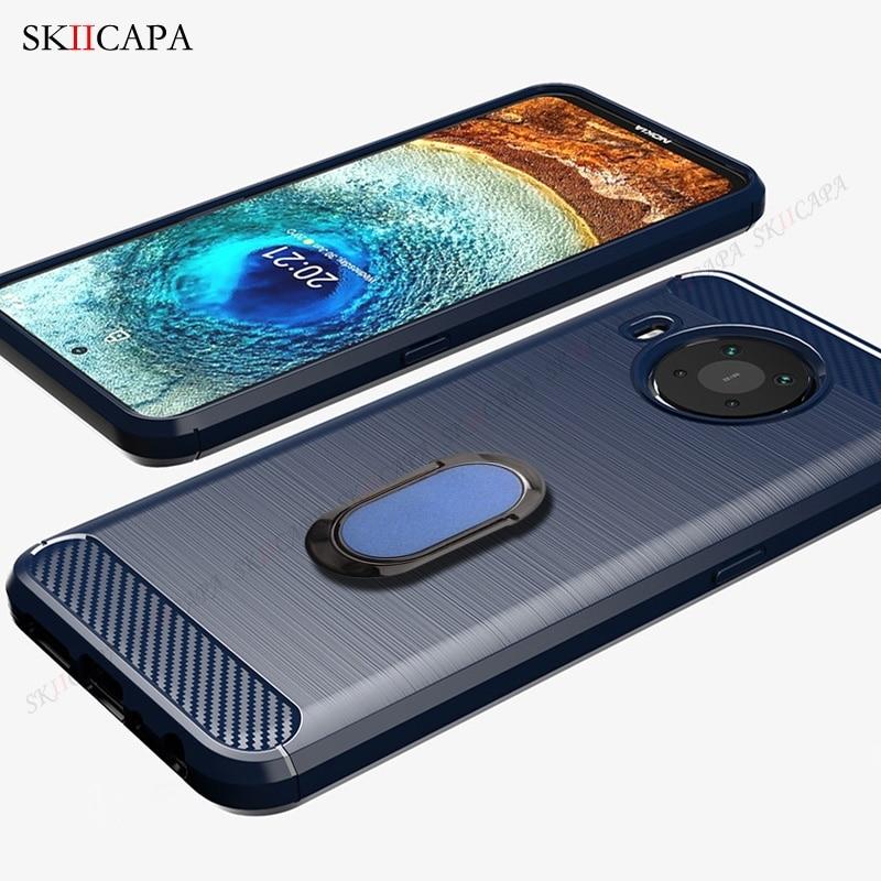 Brushed Carbon Fiber Shockproof Phone Case for Nokia X10 X20 G10 G20 5.4 3.4 2.4 1.3 8.3 5G Magnetic Ring Stand Soft Silicone Phone Protective Cover