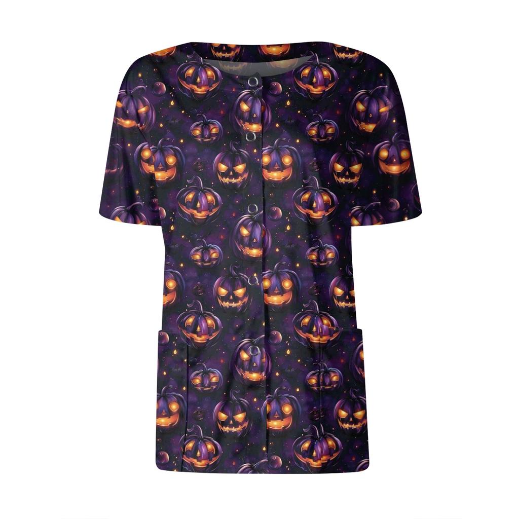 Women's Short Sleeved Patterned Pockets, Work Print Stand Up Collar, Single Breasted Protective Clothing, Cardigan Jacket, Top