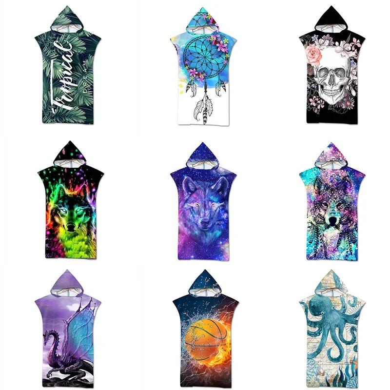 Beach Towel Cape Seaside Change Bathrobe Printed Hooded Bath Towel Wolf Model Hooded Wearable Bath Towel