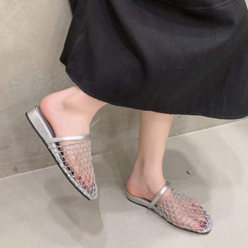 Crochet Net Mule Slippers Woman Mesh Flat Sandals Ladies Summer Elegant Hollow Out Fishnet Shoes