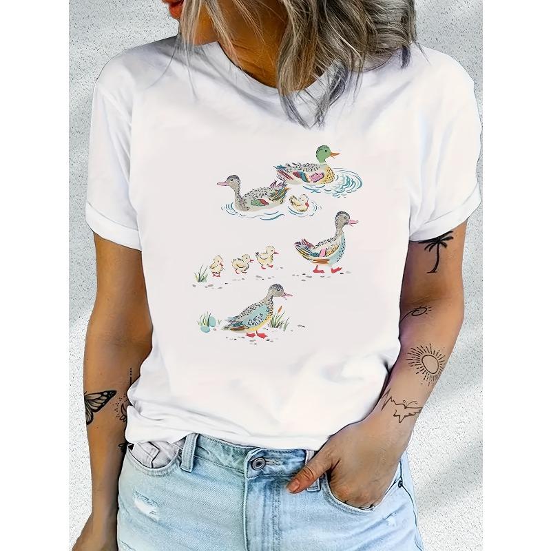 Women Cartoon Duck Applique T-Shirt Crew Neck Short Sleeve Summer Casual Regular Fit Graphic Tee