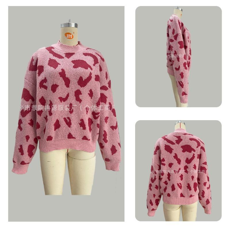 Women S Fashion Round Neck Long Sleeve Pullover Sweater Leopard Print