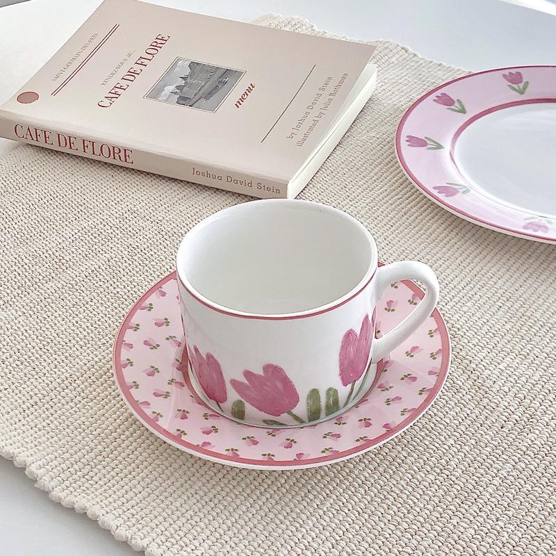 Slow As Old - Pink Tulip Ceramic Coffee Cup And Saucer Set Korean French Afternoon Tea Premium Cup