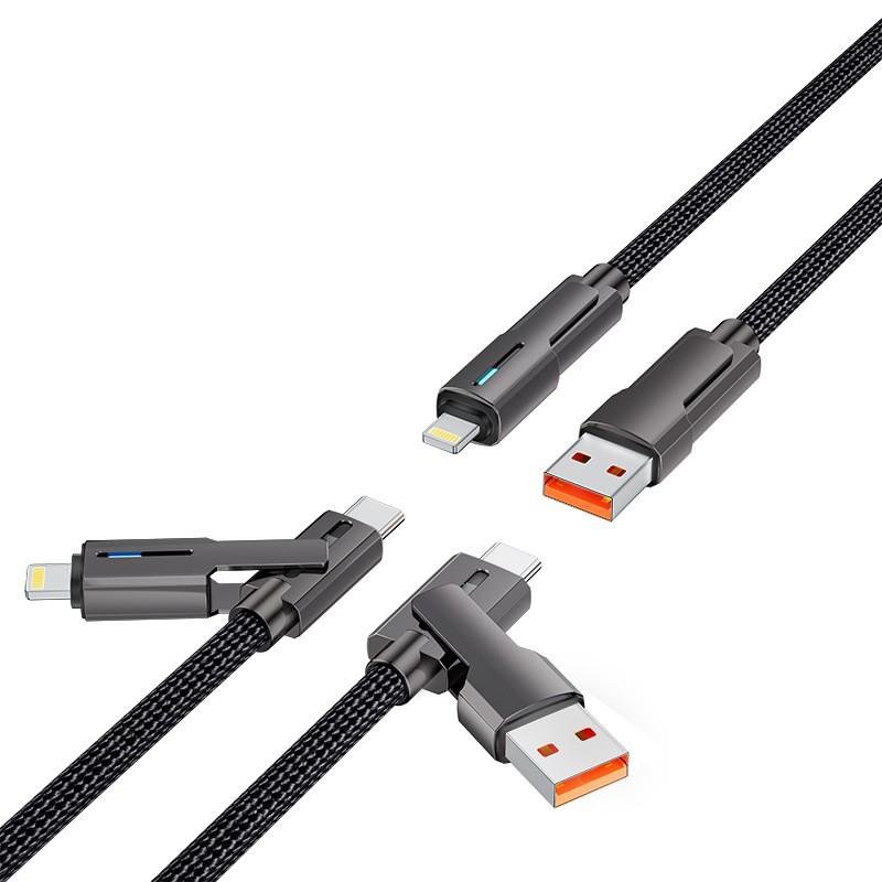 100W 2-in-1 Fast Charging Cable With Rotatable Dual Heads Zinc Alloy Braided USB-C To Lightning 2M Extendable