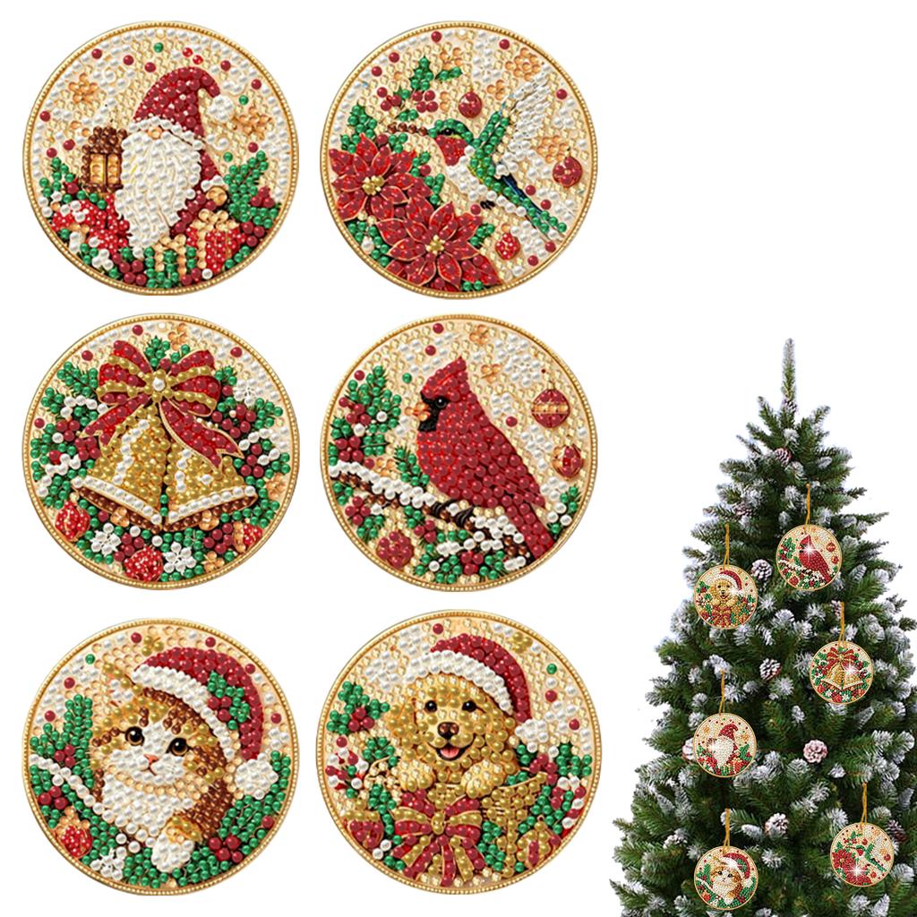 DIY Diamantmalerei Weihnachtsornamente 6 Stück Holz Runde Anhänger Harz Edelstein Feiertagsdekorations-Set