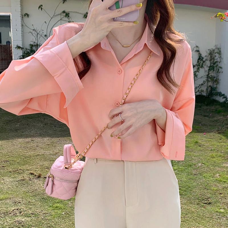 

Женская одежда Отложной воротник Свободный на пуговицах Повседневный Модный Весенне-летний Тонкий Прямой Освежающий Однотонный Модный Освежающий S розовый