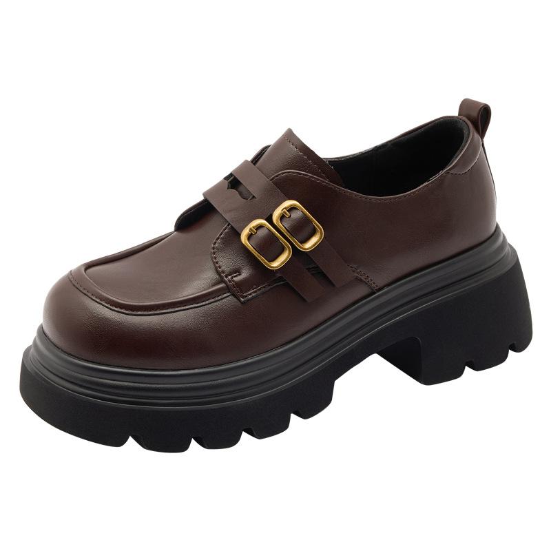 Small leather shoes women's 2025 autumn new round head platform single shoes women's black college style versatile loafers dress shoes