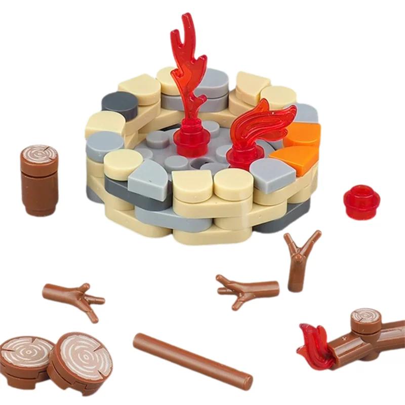 MOC Medieval Building Blocks Compatible Flame Feather Camping Wooden Pile Bonfire Tent Accessories Model Mini Bricks Toys Gifts