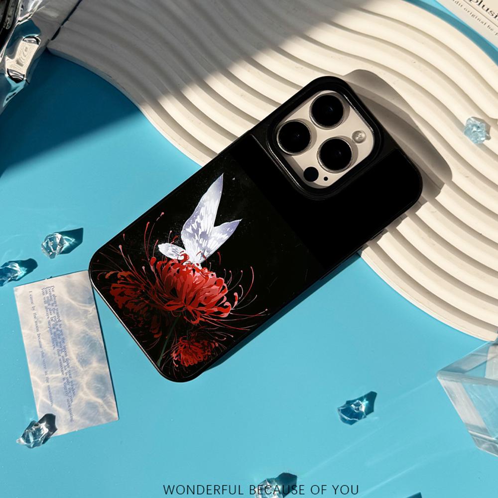 Art Red Spider Lilys Japan Design Phone Case for iPhone 17 16 E 15 14 13 12 Pro Max Sheepskin Silver-edged Protective Case
