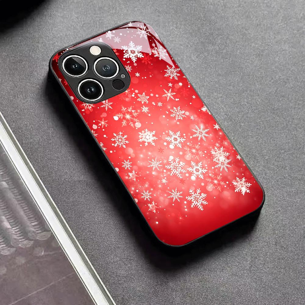 Red Christmas Snowflakes Glass Phone Case For iPhone 17 16 15 14 Pro Max Plus Full Camera Lens Protection Shockproof Hard Cover