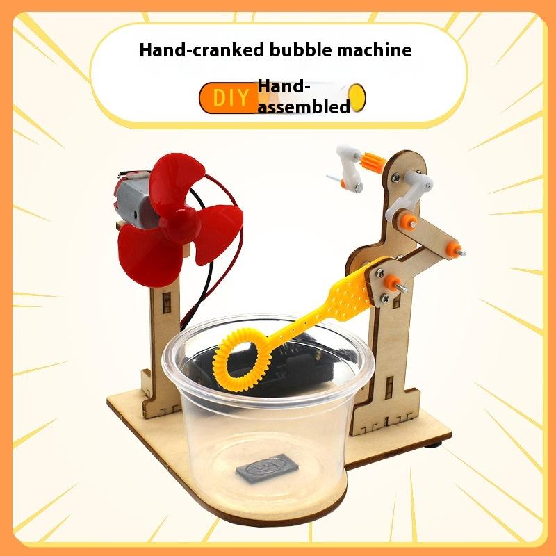 1 Set Early Learning Toy Technology Wooden Diy Hand Cranked Bubble Machine Toy For Kids Science Experiment Teaching Aids