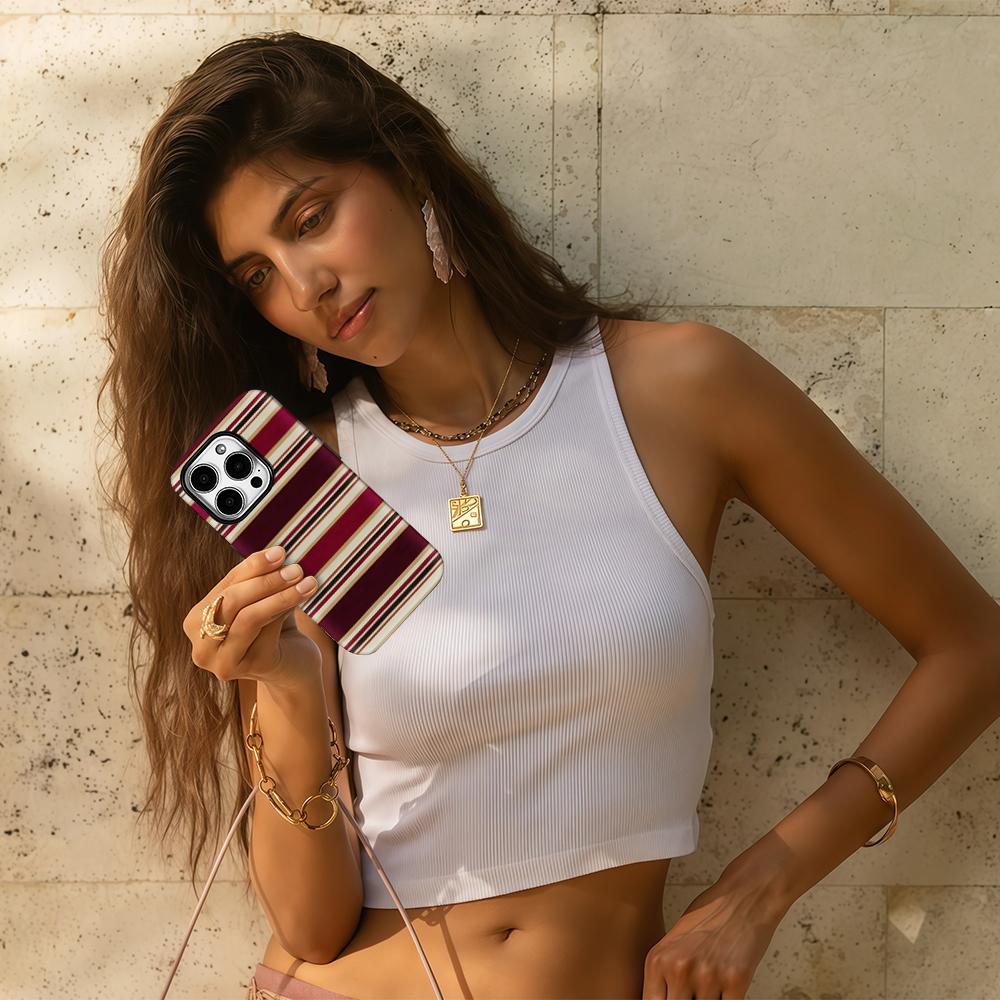 Burgundy Stripe Elegance Phone Case for IPhone 16 15 14 13 12 11 X XS XR XSMAX 7 8 Pro Max Plus Double-layer Back Cover