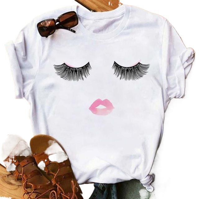 2025 Spring Women's Hand-painted Cartoon Eyelash T-shirt