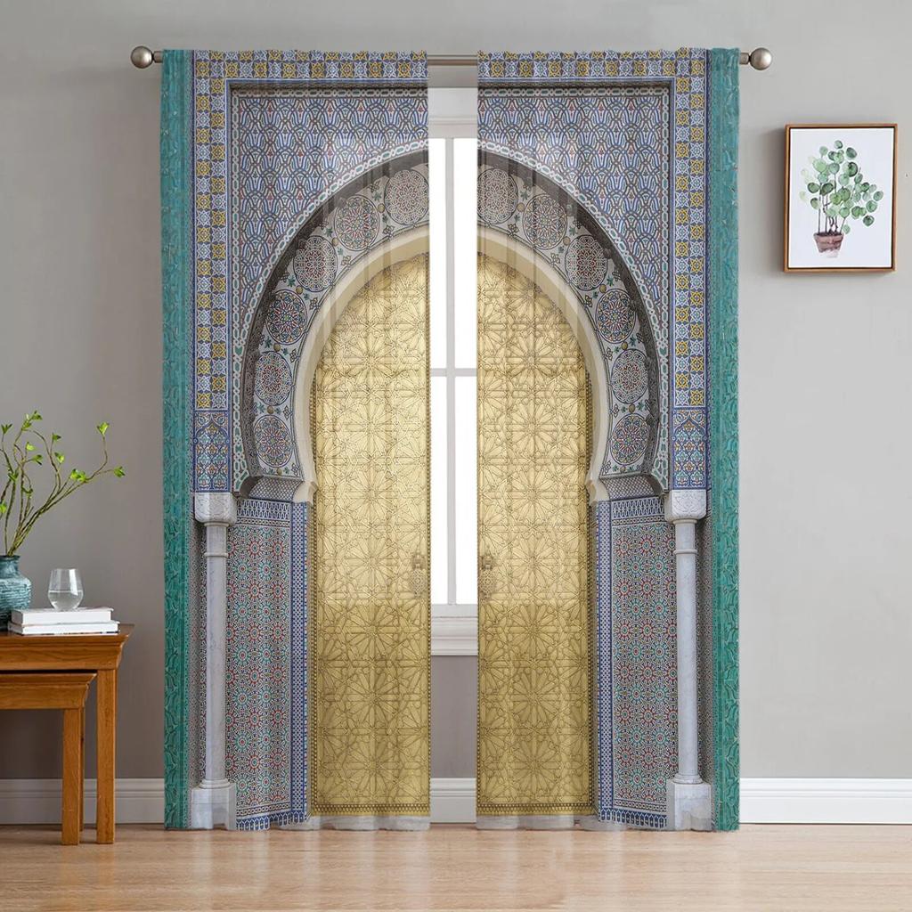 Yellow Wall Gate Morocco Chiffon Sheer Curtains For Living Room Home Decoration Window Voile Tulle Curtain Drapes