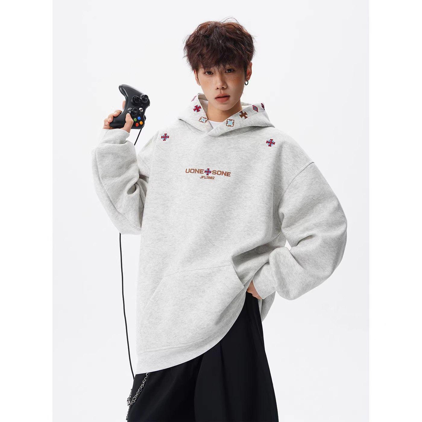 Мужская модная осенняя худи с вышивкой, песочной стирки – Американский дизайн, с плюшевой подкладкой 2XL