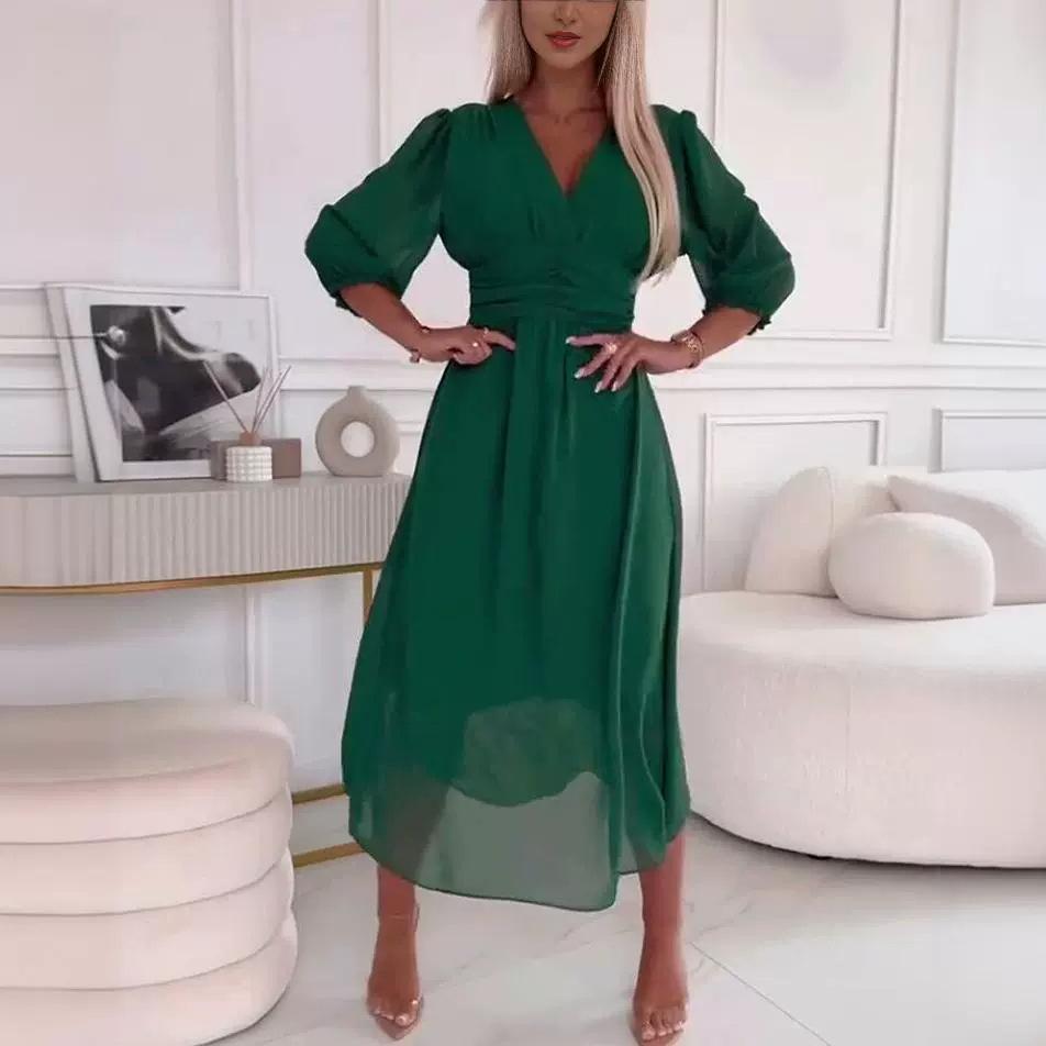 

Women s V-Neck Lantern Sleeve Hem Bodycon Dress S зелений