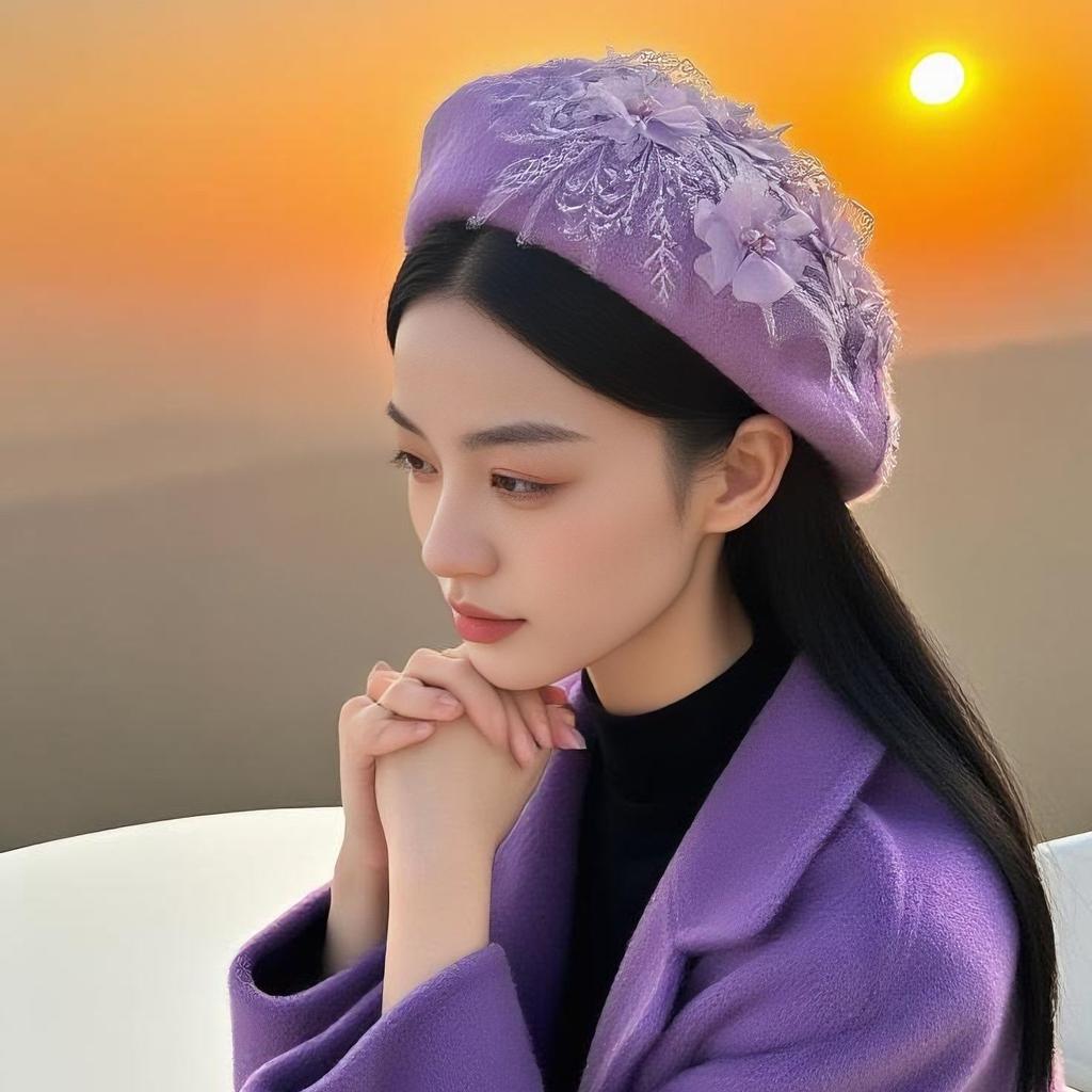 Fashion Hat Purple Pearl Embroidered Floral Wool Beret Pumpkin Hat for Women