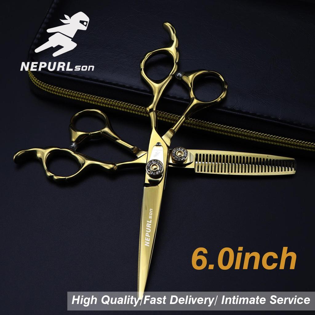 6.0" Gold Floral Pattern Hairdressing Scissors & Thinning Shears