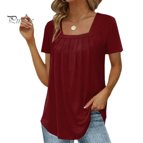 Summer Casual T-shirt Square Collar Short Sleeve Pleated Tee Shirt Solid Color Loose Fit A-Line Home Date Office Tops