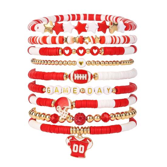 Game Day Bracelets Stackable Sports Football Charm Bracelets Elasticated Football Themed Bracelets Set for Women Men Football Fans Boho Summer