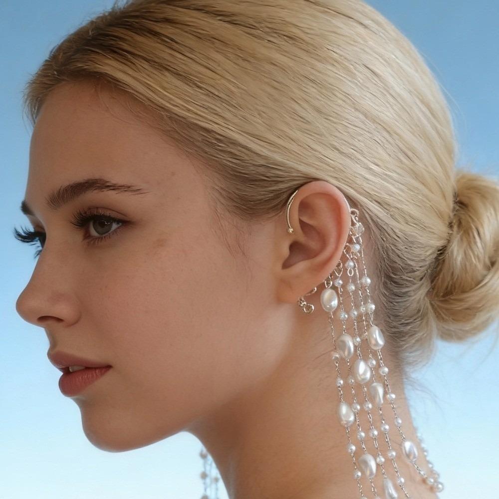Elegant Imitation Pearl Chains Ear Cuffs Jewelry Ear Bone Clips  Bridal Accessories