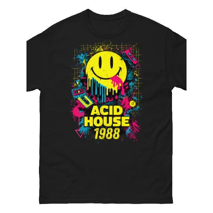 Old School Rave T-shirt Acid House Mit Joyful Gesicht Clubszene Throwback Unisex S чёрный