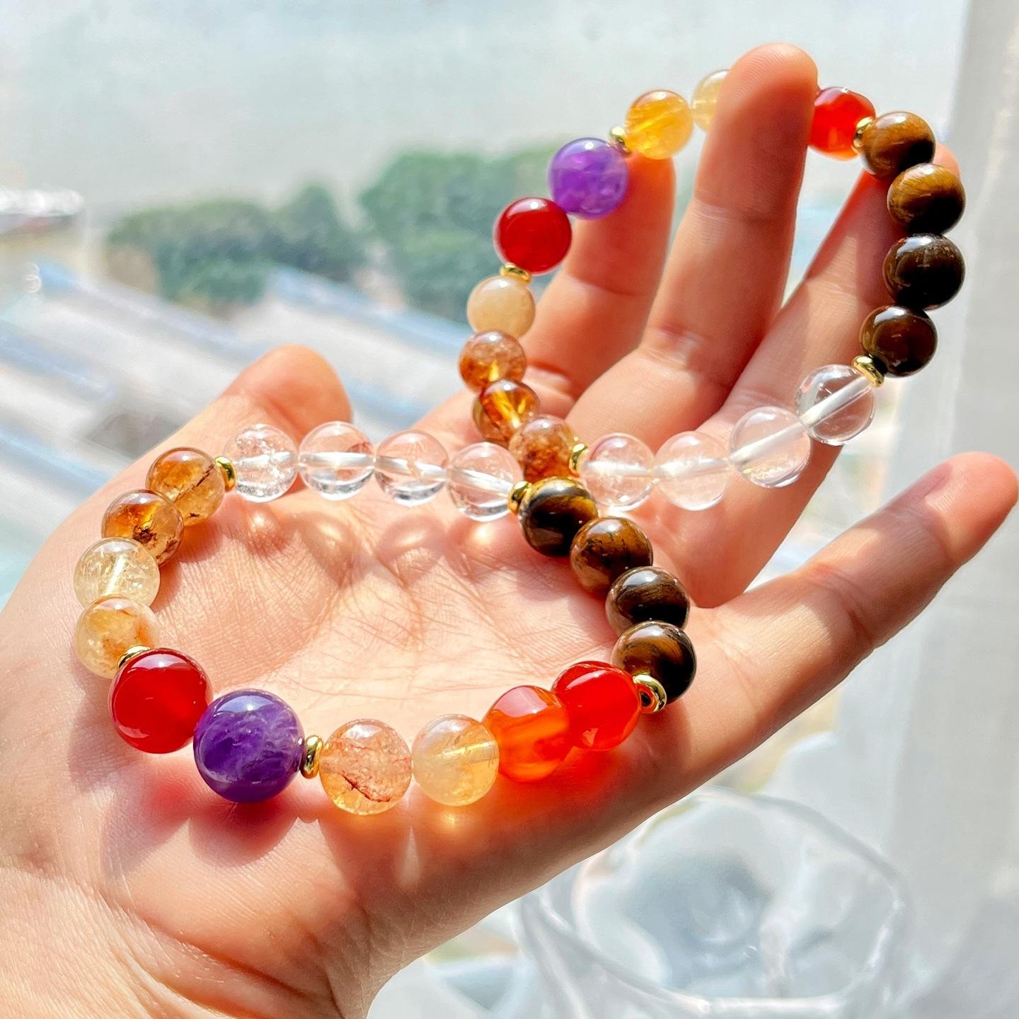 10Mm Natural Amethyst Tiger S Eye Yellow Tower Crystal White Crystal Design Bracelet