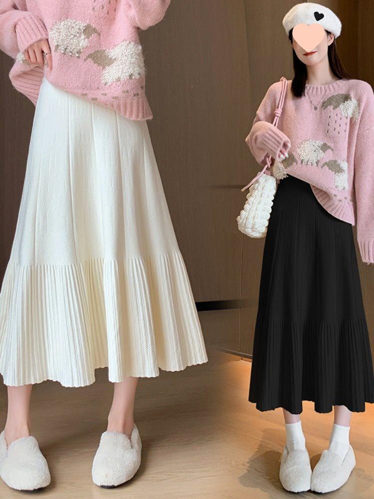 2025 New Women's High Waist Knitted A-line Pleated Midi Skirt for Autumn/Winter