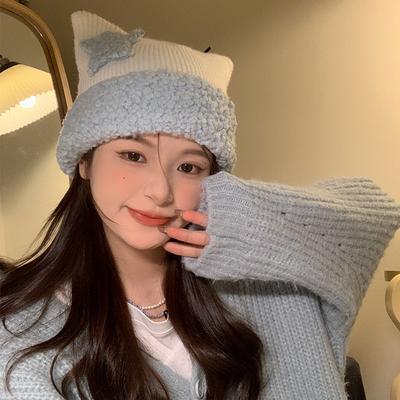 Gorro de lana Yabi con orejas de gato dulces y lindas para mujer, otoño e invierno, protección cálida, versátil, orejeras, jersey, tejido