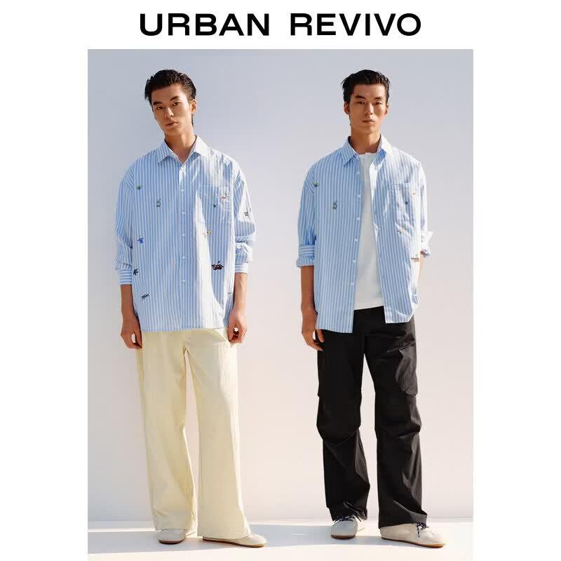UR Men's Striped Sticker Print Casual Shirt